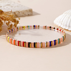 Разноцветный Эластичные браслеты из стеклянного бисера и латунных бусин для женщин, прямоугольные, красочный, 6.50 дюйм (16.5 см)