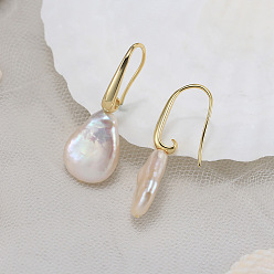 Real 14K Gold Plated 925 Sterling Silver Dangle Earrings, with Teardrop Natural Baroque Pearl, Real 14K Gold Plated, 11x32mm