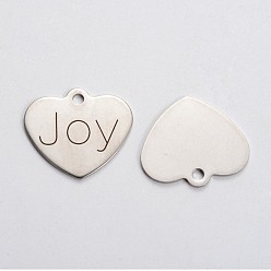 Нержавеющая Сталь Цвет Подвески в форме сердца из нержавеющей стали, не тускнеющие, кулоны с вдохновляющими сообщениями, со словом радости, цвет нержавеющей стали, 21x24x1 мм, отверстие : 2 мм