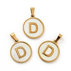Letter D Вакуумное покрытие pvd 304 нержавеющая сталь с подвесками из белой ракушки, золотые, плоский круглый с подвеской в виде буквы, letter.d, 18x16x1.5 мм, отверстие : 3x6 мм