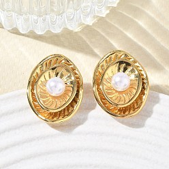 Oro 304 Pendientes de perlas de acero inoxidable y plástico ABS, flor, Recubrimiento al vacío PVD, dorado, 23x17 mm
