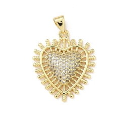 Настоящее золото 18K Латунные микропаве прозрачные подвески с фианитом, сердце, без свинца и без кадмия, долговечный, стойки покрытие, реальный 18 k позолоченный, 24x21.5x4.5 мм, отверстие : 3 мм