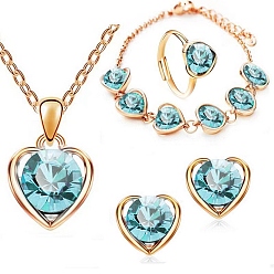 Cyan Conjunto de joyas de corazón de cristal, Collar con colgante de aleación de oro claro, pulsera de cadena, aretes y anillo ajustable, cian, 450 mm, 11x12 mm, diámetro interior: 17 mm, 230 mm