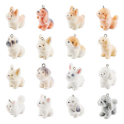 Mixed Color Resin Flocking Dog Pendants, with Platinum Iron Loop, Mixed Color, 24.5~32x14~23x24.5~32mm, Hole: 2mm