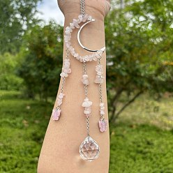 Розовый Кварц Обернутая проволокой натуральная крошка розового кварца и металлические подвесные украшения в форме луны, стеклянная круглая кисточка для украшения оконного сада, 270x50 мм