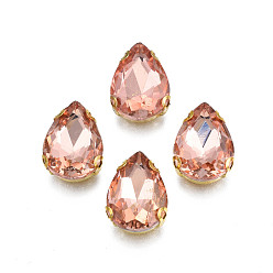 Dark Salmon Sew on Rhinestone, Transparent Glass Rhinestones, with Iron Prong Settings, Faceted, Teardrop, Dark Salmon, 14x10x5mm, Hole: 0.9mm