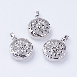 Хрусталь Природного кварца хрустальных подвесок, подвески из горного хрусталя, с латунной фурнитурой , плоские круглые с солнцем, платина, 28x24x9~10 мм, отверстие : 5x7 мм