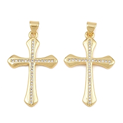 Golden Brass Micro Pave Clear Cubic Zirconia Pendants, Cross Charms, Cadmium Free & Lead Free, Golden, 33x21x2.5mm, Hole: 4.5X3mm