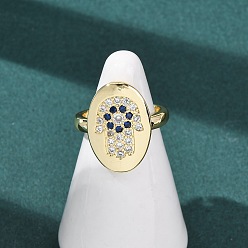 Настоящее золото 18K Регулируемые латунные манжеты с микропаве из кубического циркония открытые кольца для женщин, овальный с рукой хамса, стойки покрытие, долговечный, без свинца и без кадмия, реальный 18 k позолоченный, 19.5 мм, размер США 6 (16.5 мм)