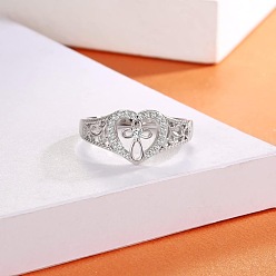 Платина 925 женские кольца из стерлингового серебра с микропаве из прозрачных кубических цирконий, сердце с крестом, родий, платина, размер США 6 (16.5 мм)
