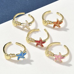 (52) Непрозрачная лаванда Латунные микро проложить манжеты кольца кубического циркония, морская звезда и форма раковины, с эмалью, долговечный, стойки покрытие, без свинца и без кадмия, реальный 18 k позолоченный, разноцветные, 10.5 мм