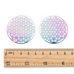 Rainbow Color Ion Plating(IP) 201 Stainless Steel Filigree Joiners Links, Etched Metal Embellishments, Flat Round with Flower of Life, Rainbow Color, 40x0.2mm