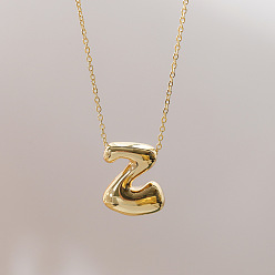 Letter Z Brass Chunky Initial Pendant Necklaces, with Stainless Steel Lobster Claw Clasps, Real 14K Gold Plated, Letter Z, 17.72~18.90 inch(45~48cm)