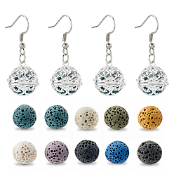 Серебро 304 из нержавеющей стали серьга, с латунными подвесками и натуральным лавовым камнем, серебряные, 36 мм