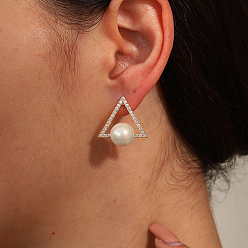 Золотой Элегантные треугольные серьги-гвоздики из латуни, с прозрачным кубическим цирконием и искусственным жемчугом, золотые, 20x20 мм