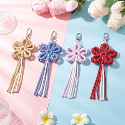 Mixed Color 4Pcs Flower Cotton Threads Pendants Decorations, with Alloy Swivel Clasps, Mixed Color, 190mm