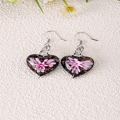 Pearl Pink Handmade Lampwork Dangle Earrings, Heart, Alloy Dangle Earrings for Women, Platinum, Pearl Pink, 20mm