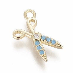 Cyan Brass Micro Pave Cubic Zirconia Pendants, Scissor, Golden, Sky Blue & Clear, 15.5x13x2mm, Hole: 1.6mm