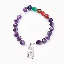 Amethyst Chakra-Schmuck, natürliche Amethyst- und Mischsteinperlen-Charmarmbänder, mit Messing-Zubehör, gewebtes Netz mit Feder, 2 Zoll (5.2 cm), Anhänger: 24x10.5x2 mm