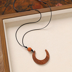 Луна Деревянная подвеска, черный вощеный шнур, длинные цепочки для женщин, луна, 31.50 дюйм (80 см), Кулон : 75x50 мм