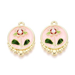 Light Gold Стойки обшивки сплава эмали подвески, плоские круглые и цветок, с ABS имитации жемчуга, золотой свет, 26x19x4.5 мм, отверстие : 1.8 мм