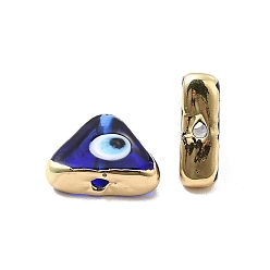 Blau Messing Emaille-Perlen, langlebig überzogen, echt 18 k vergoldet, Dreieck mit Muster des bösen Blicks, Blau, 10~11.5x13~13.5x4~5 mm, Bohrung: 1.6~1.8 mm