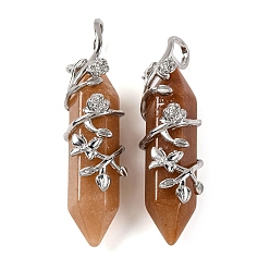 Красный Авантюрин Подвески с двойным наконечником из натурального красного авантюрина, граненые подвески из латуни в цветочной обертке, платина, 50x12x15 мм, отверстие : 9x5 мм