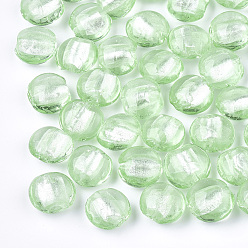 Light Green Handmade Silver Foil Lampwork Glass Beads, Flat Round, Light Green, 12~13.5x11.5~13.5x7.5~8.5mm, Hole: 1~2mm