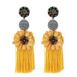 Jaune Boucles d'oreilles pompon en nylon, avec strass et les accessoires en alliage, avec des fleurs, gris anthracite, jaune, 135x45mm