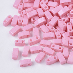 Pink 2-Hole Baking Paint Glass Seed Beads, Rectangle, Pink, 4.5~5.5x2x2~2.5mm, Hole: 0.5~0.8mm