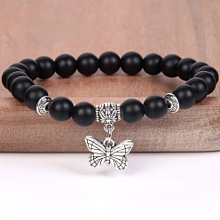 Obsidian 8MM Round Frosted Natural Obsidian Beaded Stretch Bracelets with Alloy Butterfly Charms, Antique Silver, 7.48 inch(19cm)