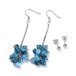 Apatite Earring Sets, with Natural Apatite Round Beads, Cubic Zirconia and Stainless Steel Findings, Cardboard Jewelry Boxes, 72~74mm, Pin: 0.6mm, 13~13.5x4.5mm, Pin: 0.7mm