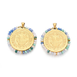 Темный Морско-зеленый 304 подвески из нержавеющей стали, плоские круглые с святым Бенедиктом, со стеклянными бусинами, ионное покрытие (ip), реальный 18 k позолоченный, граненые, темно-зеленый, 31x31x3 мм, отверстие : 5x3.5 мм