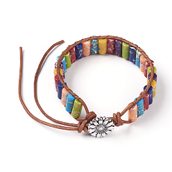 Имперская яшма Браслеты из натурального крашенного регалита / имперская яшма / морские осадки, с кожаным шнуром и застежками из сплава, цветок, античное серебро, 7-1/2 дюйм ~ 8-1/8 дюйм (19~20.5 см), 1.5~2 мм