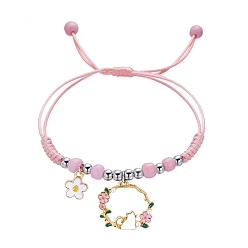 Бледно-Розовый Регулируемые нейлоновые нити плетеные браслеты из бисера, с подвесками из эмалевого сплава в виде кошки, розовый жемчуг, 5-1/2~11-3/8 дюйм (14~29 см)