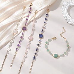 Смешанные камни Браслеты-цепочки с натуральными драгоценными камнями для женщин, круглый и квадратный, с 304 из нержавеющей стали Lobster Claw застежками, 6.89 дюйм (17.5 см)