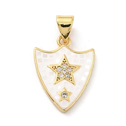 White Natural Shell Pendants, with Clear Cubic Zirconia and Golden Brass Findings, Shield with Star, White, 18.5x14x2mm, Hole: 4.5x3.5mm