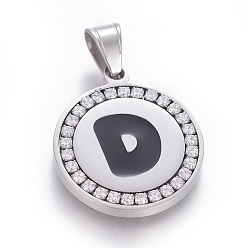 Letter D 304 Stainless Steel Enamel Pendants, with Cubic Zirconia, Flat Round with Letter, Stainless Steel Color, Clear, Letter.D, 29x25x3mm, Hole: 5.5x8.5mm