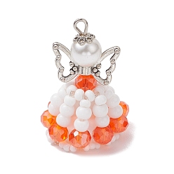 Оранжево-Красный Подвески из бисера ручной работы, с эластичной нитью цвета античного серебра, Ткацкий станок, с бусиной-бабочкой из сплава и круглой бусиной из стеклянного жемчуга, ангел и фея, оранжево-красный, 37x22x24 мм, отверстие : 3 мм