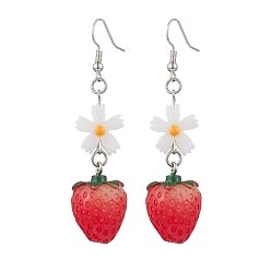 Платина Смолы болтаться серьги, с натуральными бусинами из пресноводных ракушек и латунными крючками для сережек, клубника, платина, 64x16.5 мм