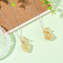 Silver Raw Heated Natural Citrine Nuggets with Butterfly Wire Wrapped Pendant 304 Stainless Steel Cable Chain Necklaces, Silver, 16.54 inch(42cm)