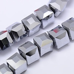 Platinum Plated Faceted Cube Shaped Crystal Glass Beads Strands, Platinum Plated, 10x10x10mm, Hole: 1mm, about 79pcs/strand, 30.7 inch