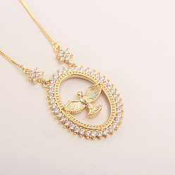 Oval Женские ожерелья с подвеской в виде птицы из латунных прозрачных кубических цирконий с микропаве, золотые, овальные, 17.72 дюйм (45 см), Кулон : 31x23 мм