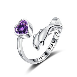 Фиолетовый Кольца для женщин с кристаллами и стразами, дельфин и сердце, фиолетовые, размер США 8 (18.1 мм)
