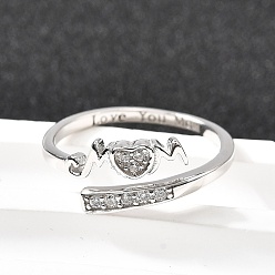 Платина Сердце 925 кольца-манжеты из стерлингового серебра с кубическим цирконием для женщин, платина, 1.5~8.5 мм, размер США 6 1/4 (16.7 мм)