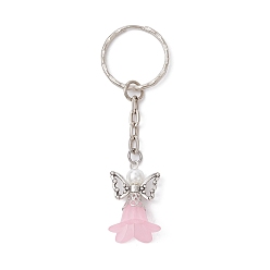 Pink Angel Acrylic & Alloy Pendant Keychain, with Iron Split Key Rings, Pink, 7.8cm