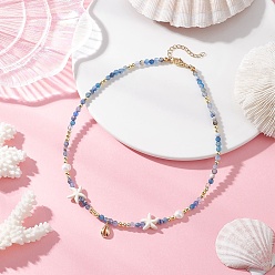 Синий Ожерелья с подвесками в форме ракушки каури из натурального окрашенного агата, круглой огранки, натурального культивированного пресноводного жемчуга и морской звезды, синтетической бирюзы, латуни для женщин, золотые, синие, 15.83 дюйм (40.2 см)