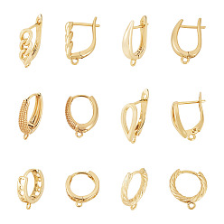 Настоящее золото 18K 12шт. 6 стили латунные серьги-кольца фурнитура, без свинца, без никеля и без кадмия, реальный 18 k позолоченный, 12~19x6~14x2~13 мм, отверстие : 1.2~1.6 мм, штифты : 0.7~0.9 мм, 2 шт / стиль