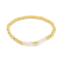 Golden Brass & ABS Plastic Imitation Pearl Round Beaded Stretch Bracelets for Women, Golden, Inner Diameter: 2-1/8 inch(5.45cm), bead: 4mm & 5mm