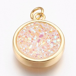WhiteSmoke Brass Charms, with Druzy Resin Cabochon, Flat Round, Golden, WhiteSmoke, 14x11.5x3mm, Hole: 2mm